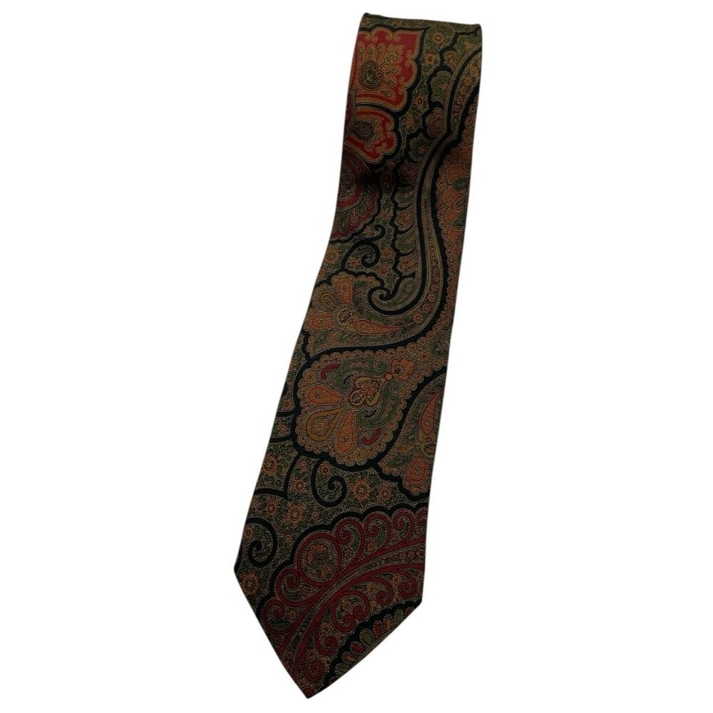 JOHN COMFORT Men's 100% Silk Necktie LUXURY Tie Green Brown Paisley W:3.7" EUC